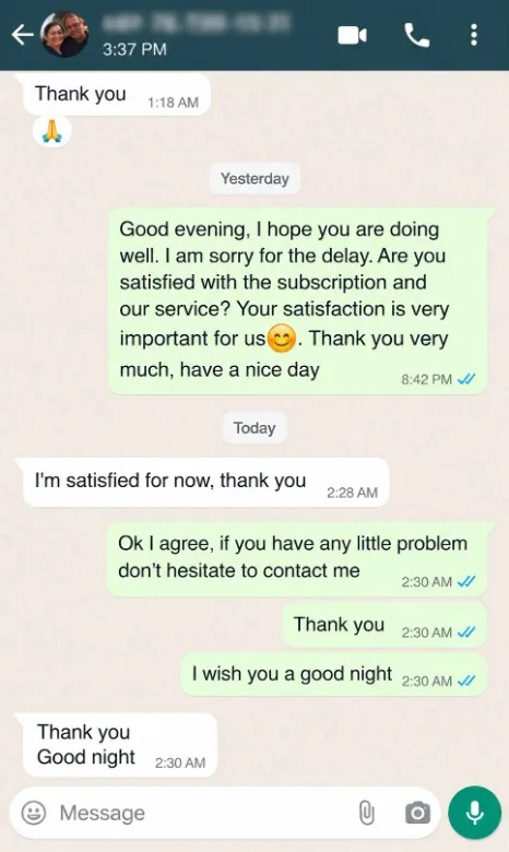 WhatsApp review from a IPTVUS4K customer