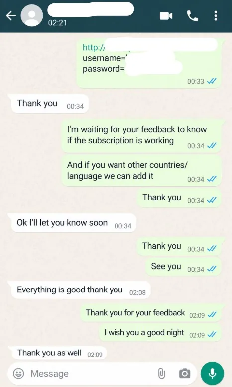 WhatsApp review from a IPTVUS4K customer