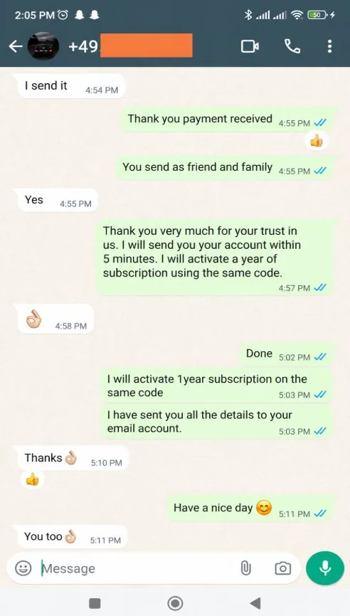 WhatsApp review from a IPTVUS4K customer