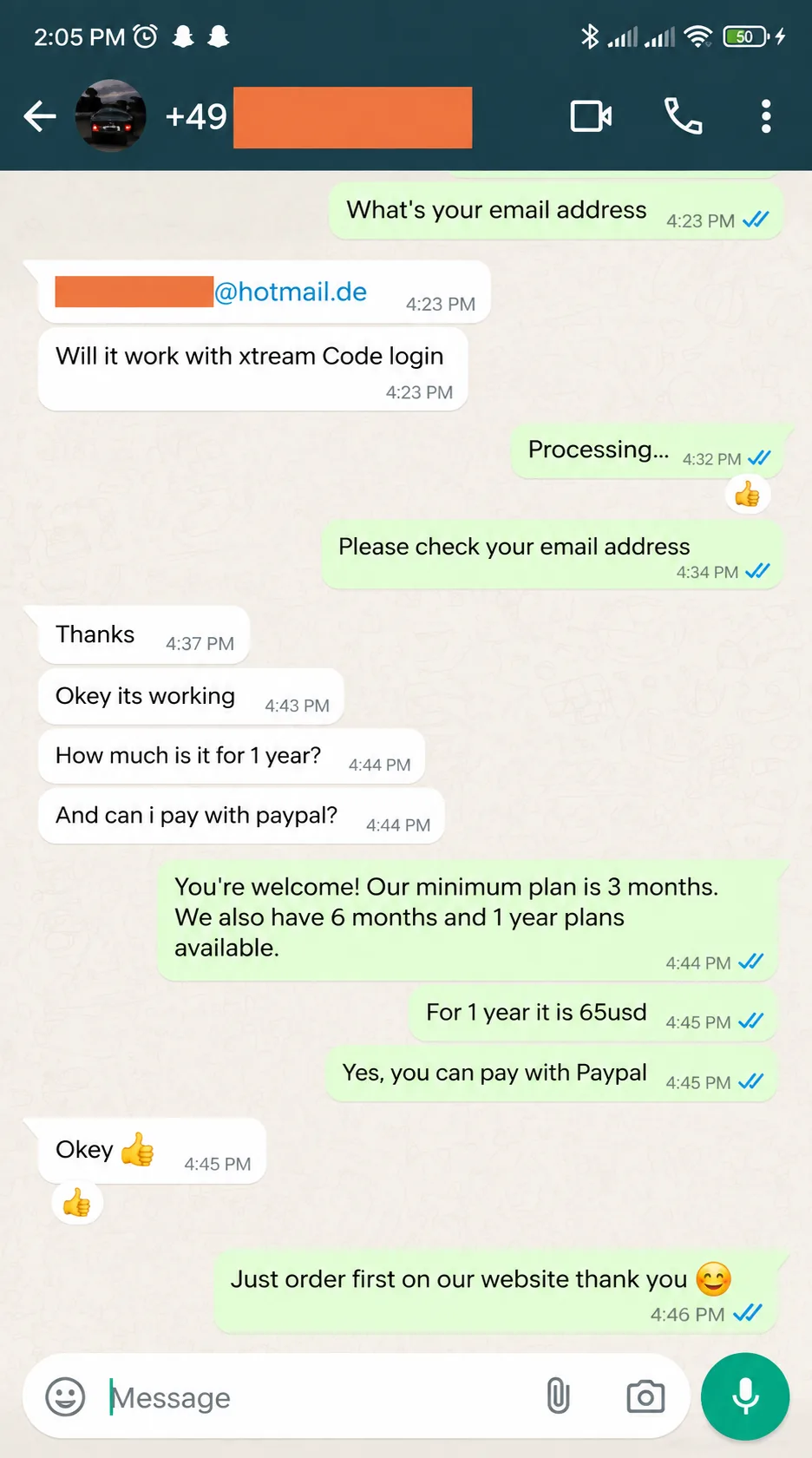 WhatsApp review from a IPTVUS4K customer