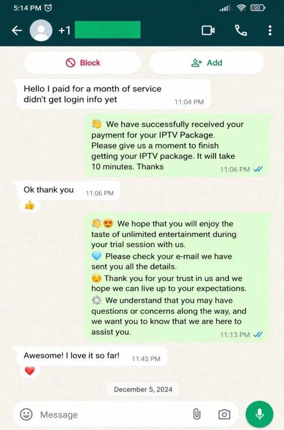 WhatsApp review from a IPTVUS4K customer