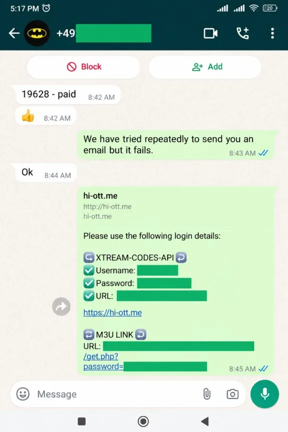 WhatsApp review from a IPTVUS4K customer